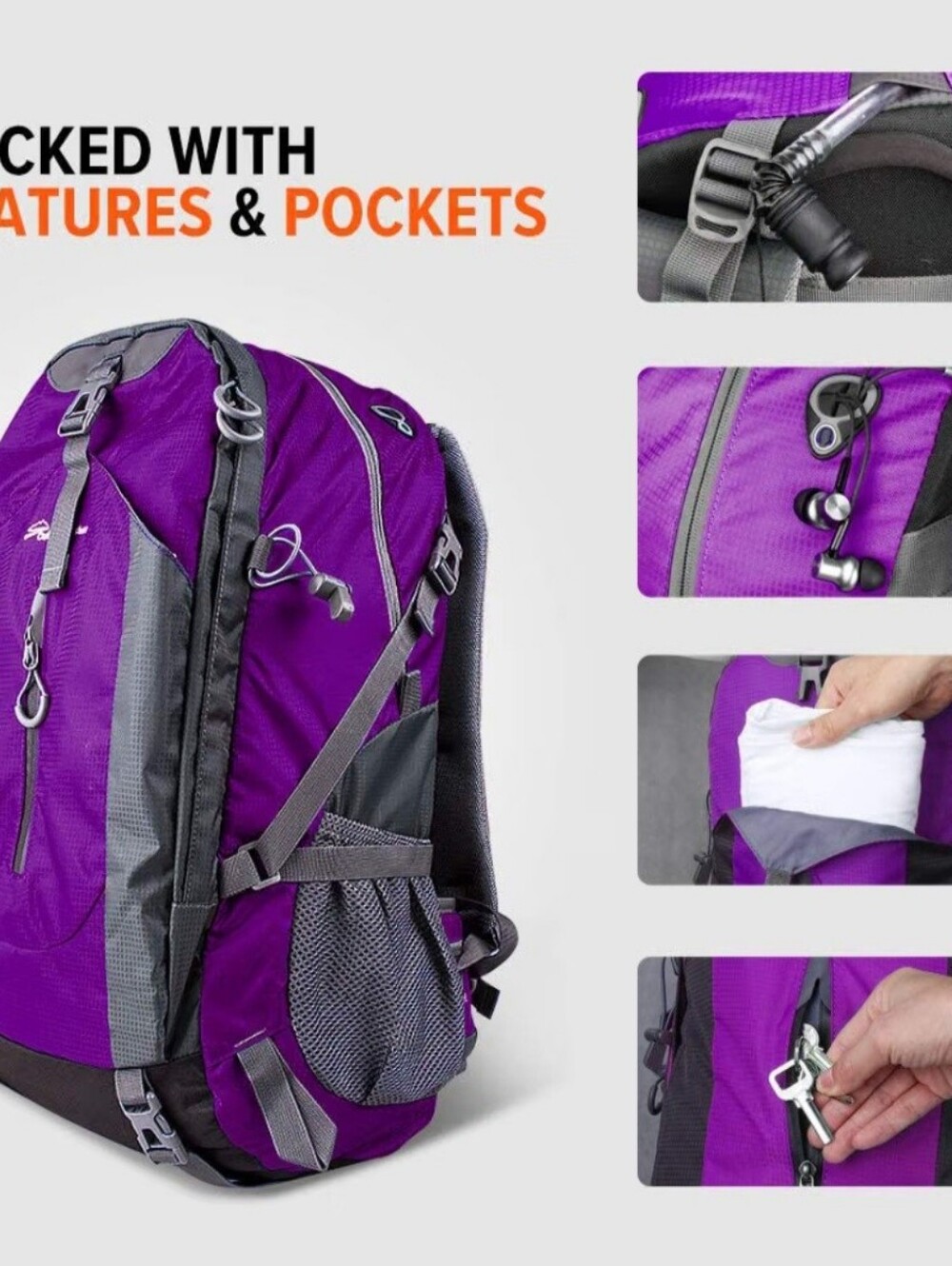OutdoorMaster Hiking Travel Backpack 45L - w/Waterproof Cover - Purple - Picture 3 of 8